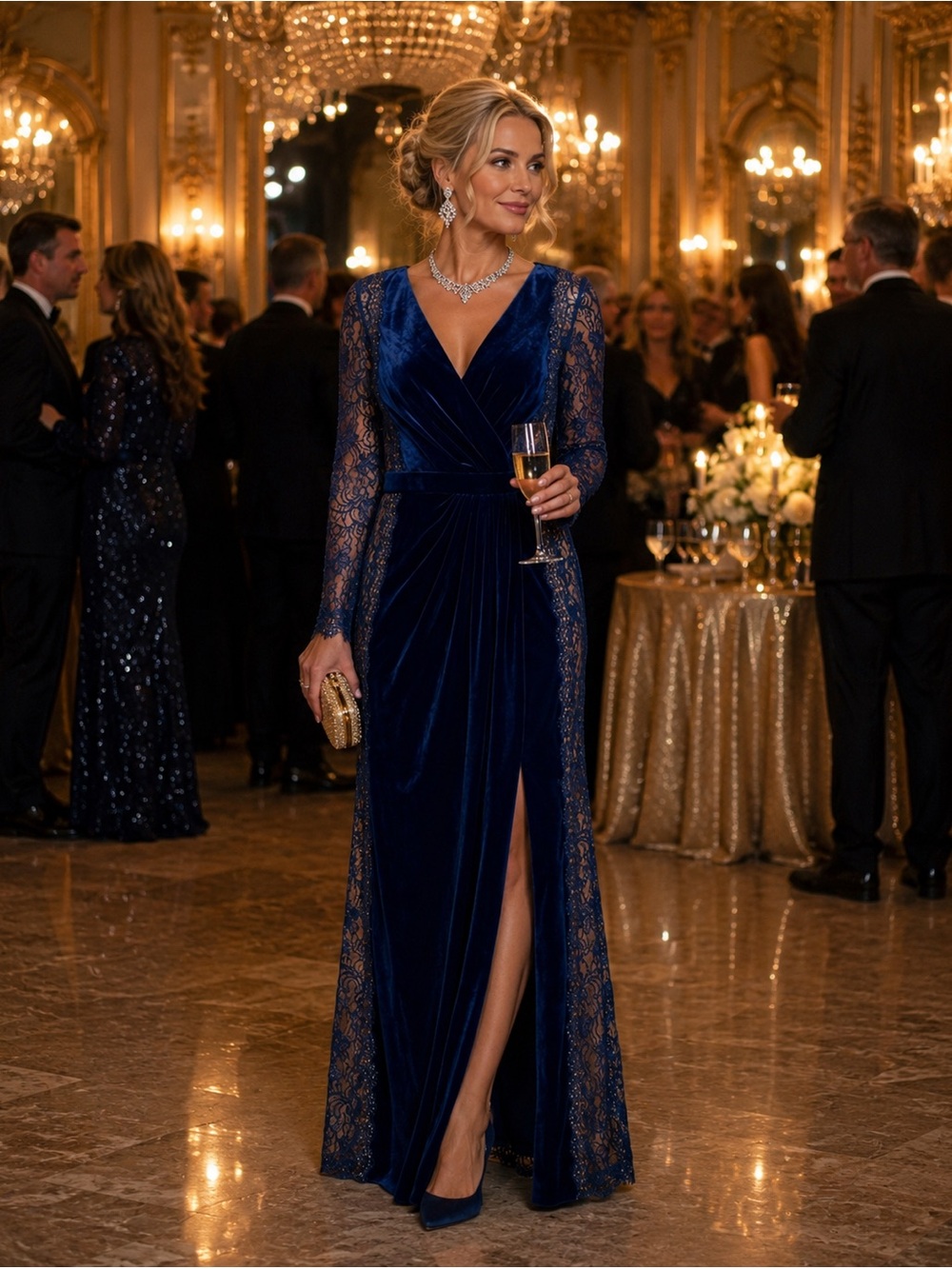 Women's Tadashi Shoji Long Sleeve Velvet Lace Dress Blue Size 18